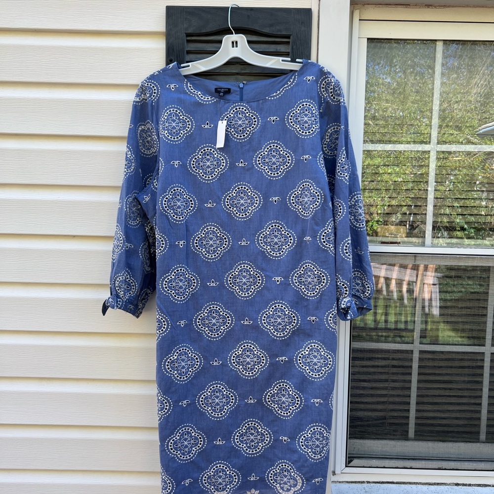 NWT Talbots Pretty Blue Floral Eyelet 3/4 Tie Sleeve Cotton Lined Dress